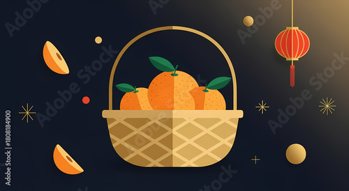 Basket of oranges with leaves on dark background for Christmas  
