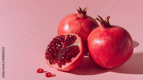 Red ripe pomegranate fruit placed on soft pastel pink surface, minimal flat lay with bold color contrast --ar 16:9