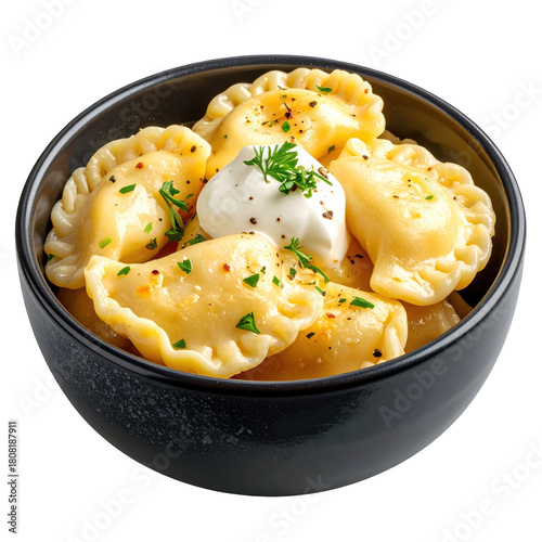 Cheese pierogi dumplings in a dark bowl, isolated on white background traditional polish pasta pockets filled with sweet farmer's cheese, a delicious dessert