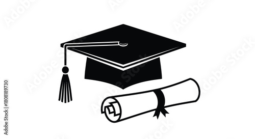 Graduation cap and diploma, vector illustration