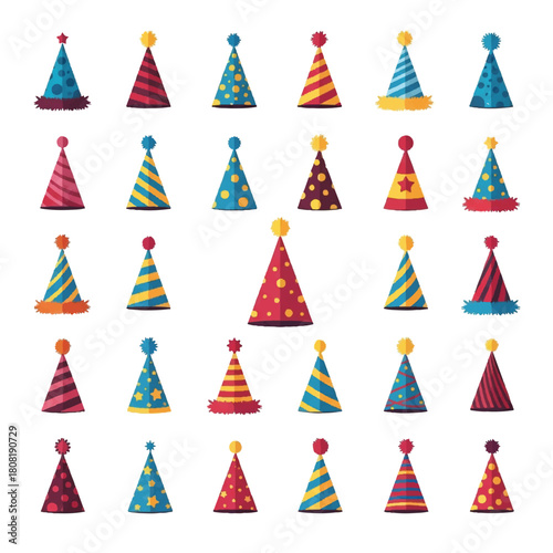 Collection of Colorful Party Hats for Celebrations and Festive Occasions.