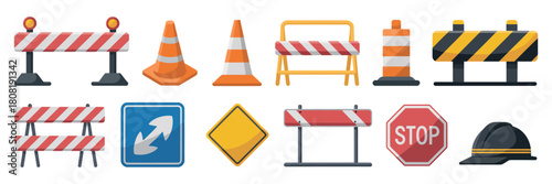 Traffic road repair barrier vector featuring safety barricades construction fences roadwork warning signs