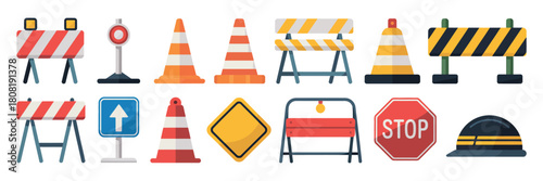 Traffic road repair barrier vector with safety barricades construction fences roadwork warning signs urban planning safety design