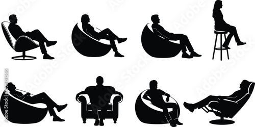 Set of relaxed people silhouettes sitting in modern chairs, men and women lounging on comfortable furniture, vector illustration isolated on white background.