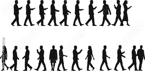 Corporate Business People Silhouettes Walking and Communicating, Representing Office Staff, Teamwork, Professional Collaboration, Networking, and Urban Life Vector