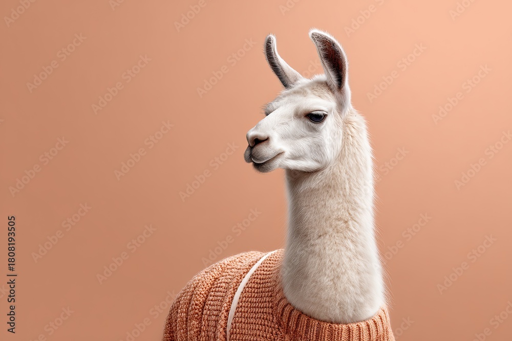 Fototapeta premium Portrait of a stylish white llama wearing a cozy orange sweater against a warm peach background