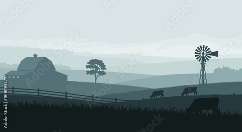 Misty Farm Landscape Vector Illustration - Serene Rural Scene with Barn, Windmill & Grazing Cattle