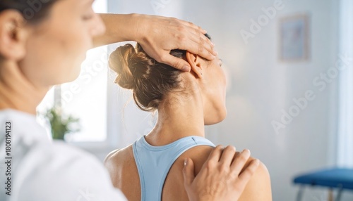 Female patient receiving neck and head adjustment from a physical therapist in a bright clinic