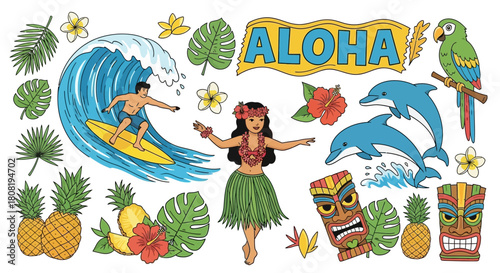 Vibrant hawaiian themed illustration featuring surfing, hula dancing and tropical motifs