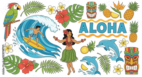 Vibrant Aloha Illustration Featuring Hawaiian Elements: Surfing, Hula, and Tropical Flora