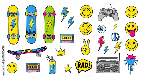 Vibrant retro-themed sticker collection featuring 90s pop culture and cartoon doodles