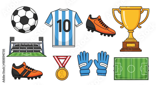 Cartoon soccer elements: ball jersey cleats stadium trophy gloves and field