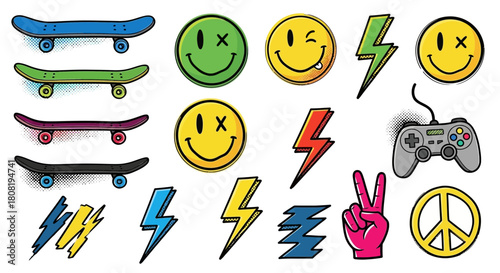 Vibrant Variety: A Colorful Compilation of Skateboards, Emojis, and Pop Culture Icons