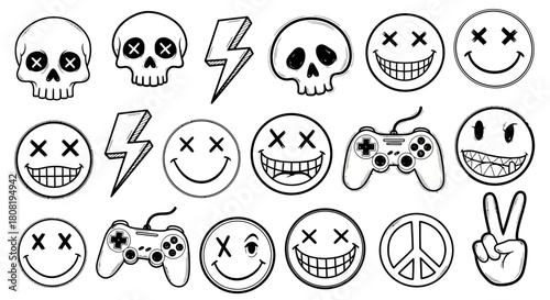Monochrome sketch illustration featuring skulls, smileys, game controllers, and peace signs