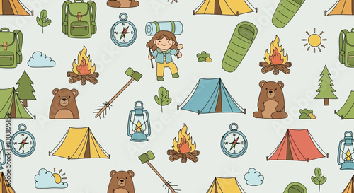 Seamless pattern of hand-drawn camping elements, featuring tents, bears, bonfires and more