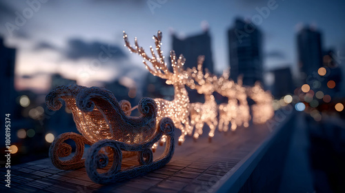 Christmas rooftop decor, glowing reindeer sleigh, festive city lights
