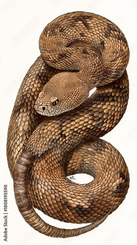 Obraz premium Large brown diamondback rattlesnake is coiled up, showcasing its intricate scale pattern and distinctive rattles. snake texture and coloration are vividly detailed, evoking sense of realism