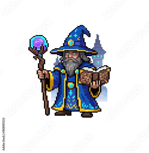 pixel art tower mage casting radiant arcane defenses