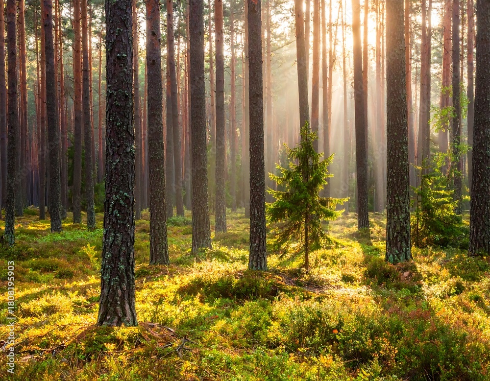 Obraz premium Sunbeams stream through tall trees in a lush, green forest