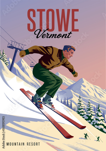 Travel poster ski Stowe resort with America winter landscape illustration