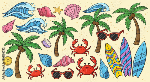 Tropical paradise cartoon illustration featuring beach elements and summer vibes