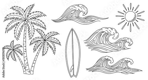 Black and white summer scene featuring palm trees, surfboard, waves, and sun illustration