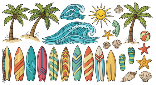 Vibrant tropical beach scene with surfboards, palm trees, and playful cartoon sun