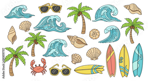 Cartoon summer set with palm trees surfboards waves seashells sunglasses and crab