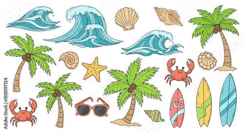 Hand-drawn summer vacation elements featuring palm trees, surfboards, crabs and waves