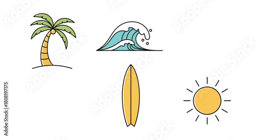 Vibrant beach vacation concept with palm tree wave surfboard and sun illustration