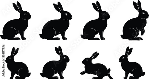 Easter Holiday Silhouette Vector Collection; Featuring Rabbits, Decorated Eggs, Daffodils, Flowers, Baskets, and Chicks for Festive Spring Design Elements