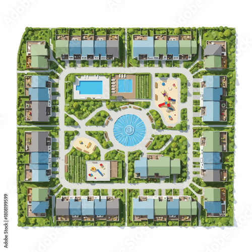 An aerial rendering depicts a planned residential community, featuring houses, green spaces, recreational amenities, and a central fountain, showcasing urban planning.