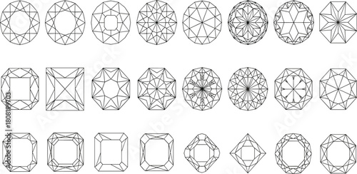 Geometric diagrams illustrating various gemstone cuts, detailing intricate facet arrangements for different diamond shapes, offering a conceptual overview of luxury jewelry design principles