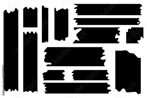 Black tape collection with ripped edges, creating a versatile set of design elements. Ideal for adding 