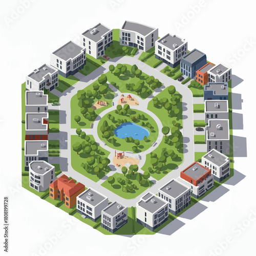 A modern, low-poly illustration depicts a circular housing development with green spaces, trees, and a central pond, showcasing urban planning.
