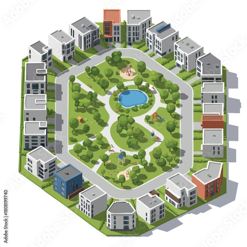 An aerial view showcases a modern, geometric residential community with diverse buildings and a central park, promoting urban living and green spaces.