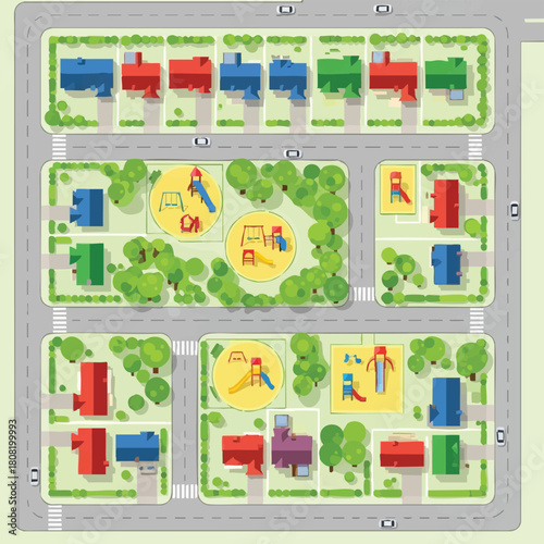 An aerial view of a meticulously planned residential neighborhood featuring houses, parks, playgrounds, and roads, illustrating urban planning and community design.