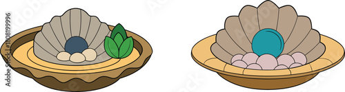 Mini Zen garden in an open seashell with fine sand, peaceful meditation decor, tabletop relaxation scene, small spiritual arrangement, calming nature-inspired tabletop art concept.