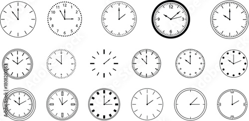 A diverse collection of minimalist analog clock face illustrations, representing concepts of time management, deadlines, and daily schedules