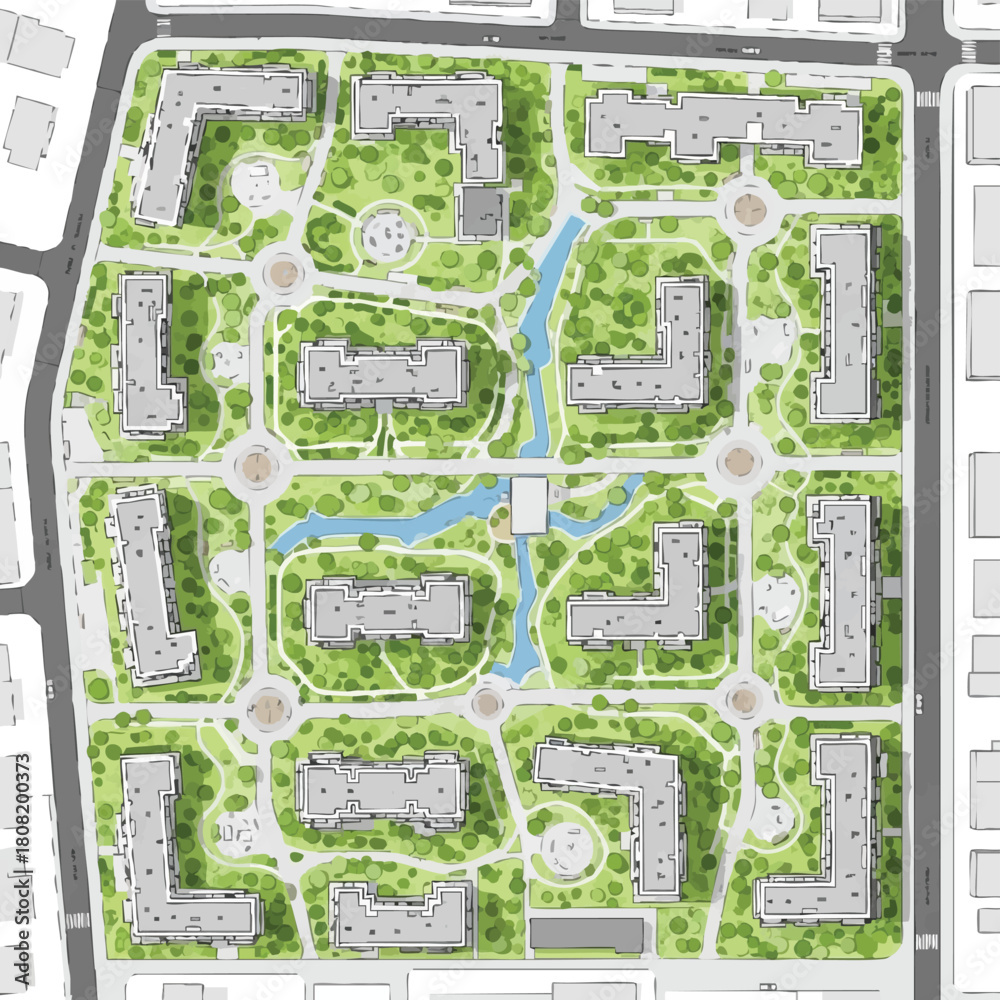 Obraz premium A detailed architectural plan showcases a modern residential complex with green spaces, water features, and buildings, offering a comprehensive urban design.