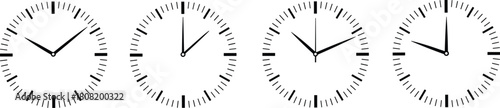 Minimalist black and white clock icon set illustrating the passage of time, schedules, and business hours. A simple analog timepiece collection