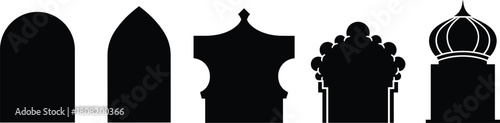 A collection of black silhouette icons illustrating the diverse and evolving styles of architectural domes, arches, and temple roofs