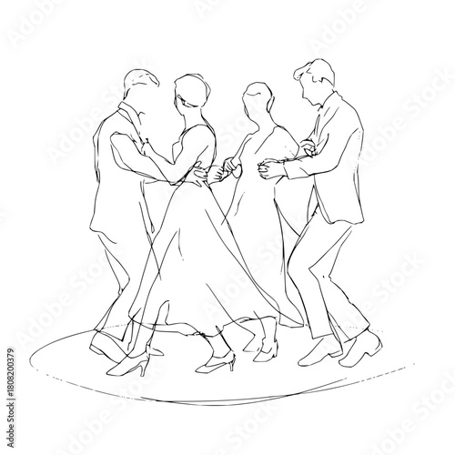 Dance class couples ballroom dancers waltz tango foxtrot social dancing event illustration sketch line art