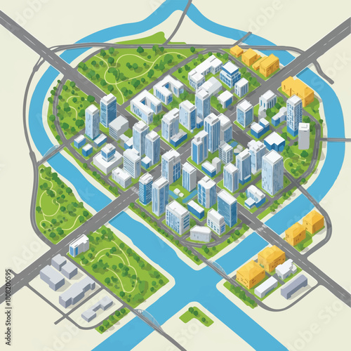 An isometric illustration depicts a modern city plan featuring buildings, roads, green spaces, and waterways, showcasing urban development and infrastructure.