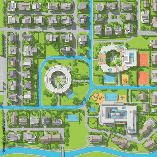 An aerial illustration showcases a modern residential community with diverse buildings, green spaces, and a network of waterways, creating a harmonious urban landscape.
