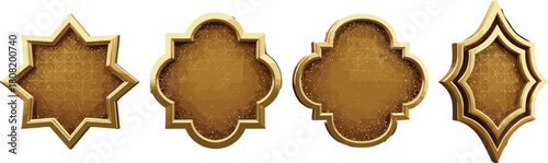 Collection of elegant blank golden plaques with intricate geometric and traditional Arabic shapes, isolated on a white background for design