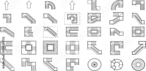 Collection of Architectural Symbols Representing Various Escalator and Staircase Configurations