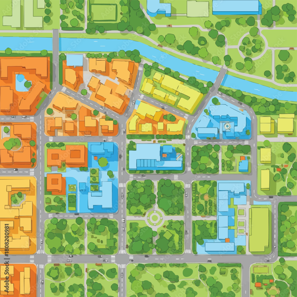 Fototapeta premium A colorful, stylized city map illustration showcasing buildings, roads, parks, and a river, perfect for urban planning concepts.