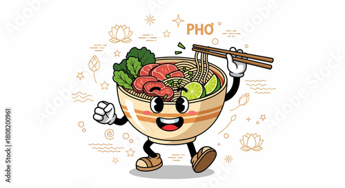 Cute Pho Noodle Bowl Character Holding Chopsticks.