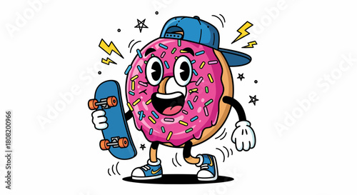 Donut character skateboarding with a cool cap and sneakers.